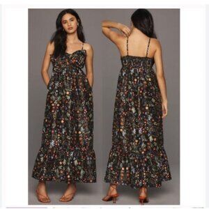 Hutch Olani Dress Womens 2XL Black Floral Maxi Bow Front Smocked Back Pockets